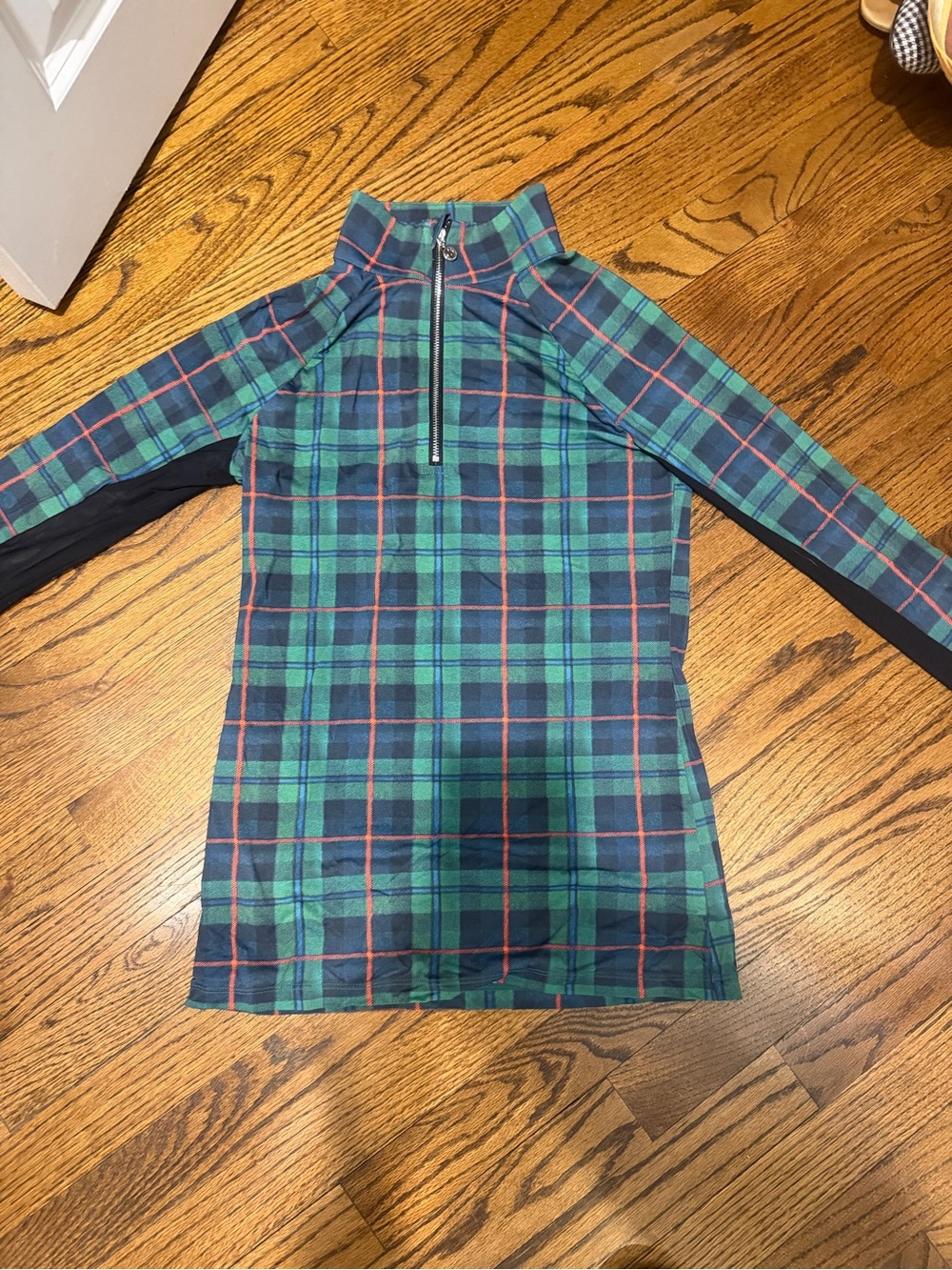 Plaid Long-Sleeve Quarter-Zip Top in Green and Navy